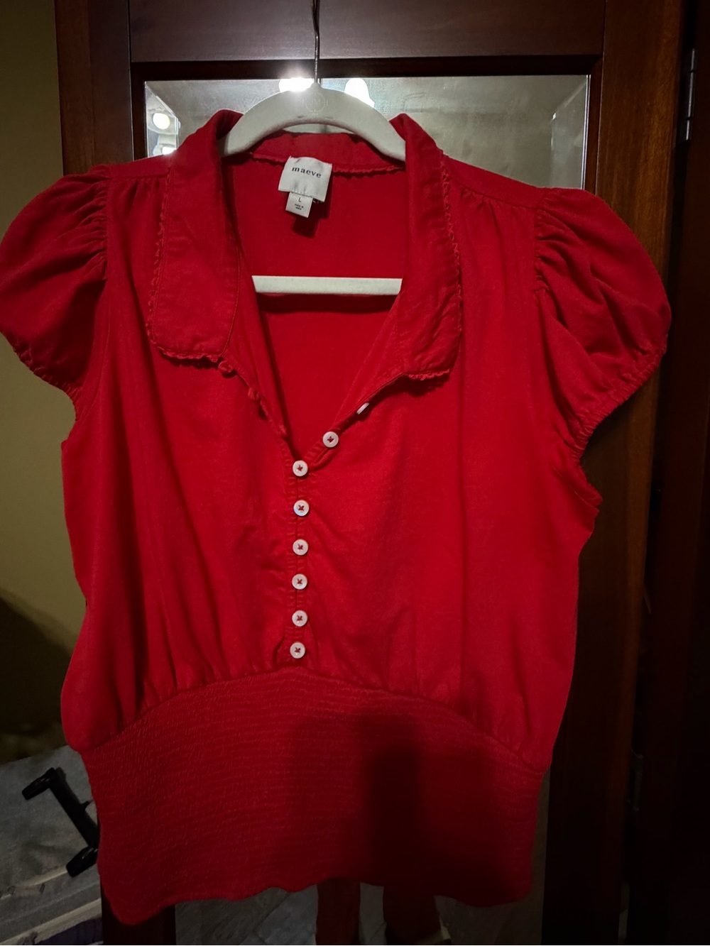 Maeve Anthropologie Red Puff Sleeve Smocked Top L - Picture 2 of 5